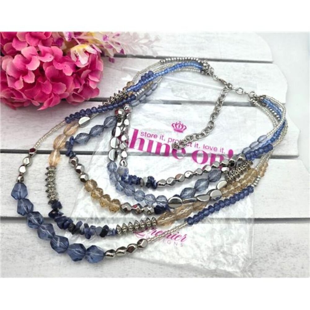 Premier Designs Faux Lapis Layered Beaded Necklace Blue Silver Tone 20 Inch Adj.